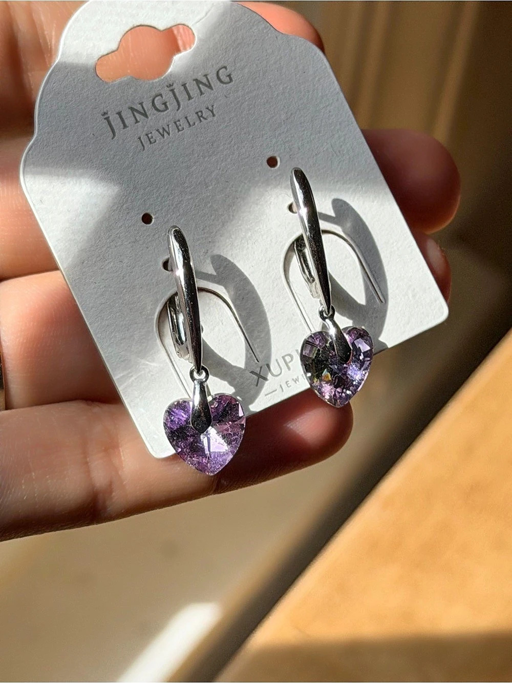 Purple Crystal Heart Drop Hoop Earrings